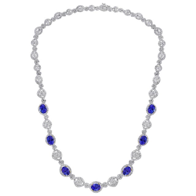 11 Carat Oval Tanzanite and 12 Carat Diamonds Necklace 18 Karat Gold Estate For Sale - Image 15 of 18