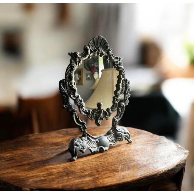 Vintage Ornate Silver Plated Cherubs Angel Tabletop Mirror For Sale In Greensboro - Image 6 of 12