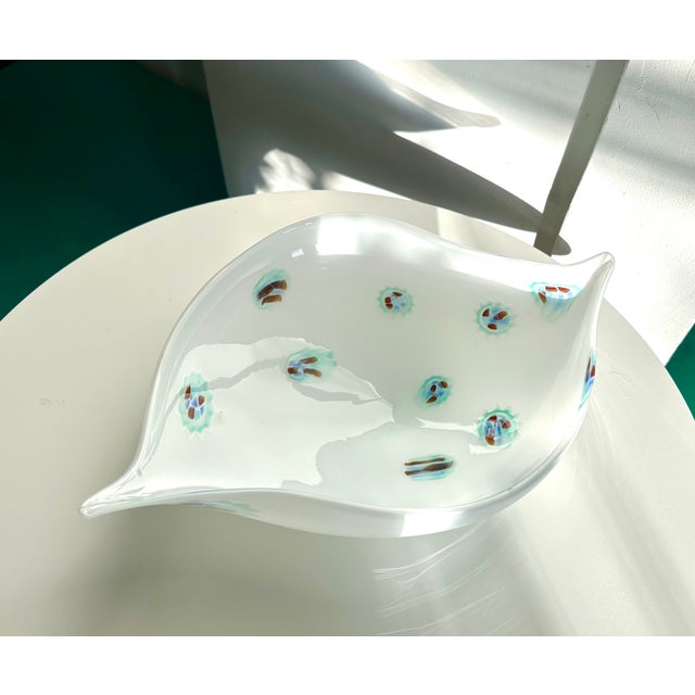 1950S Venini Art Glass Bowl Mid-century organic modern shell shaped bowl in Murano milk glass, decorated with light aqua...