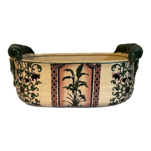 Late 20th Century French Country Jardiniere Pottery Planter in Green & Plum Botanicals