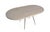 This one of a kind race-track shape elm table top features a cool, soft hue and pairs perfectly atop the hammered base...