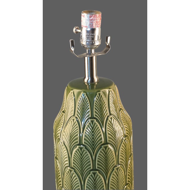 Pistachio Pair of Ceramic Table Lamps Banana Leaf Pattern Tropical Green Color For Sale - Image 8 of 10