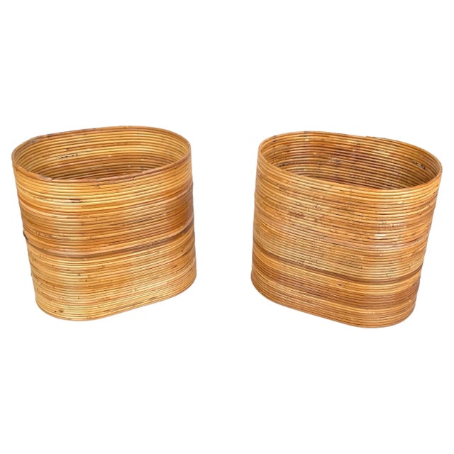 Mid-Century Oval Rattan and Bamboo Basket Plant Holders or Vases, Italy, 1960s, Set of 2 For Sale - Image 13 of 14