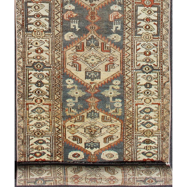Early 20th Century Long Persian Kurdish Runner With Medallion Design in Charcoal, Ivory and Red For Sale - Image 5 of 14