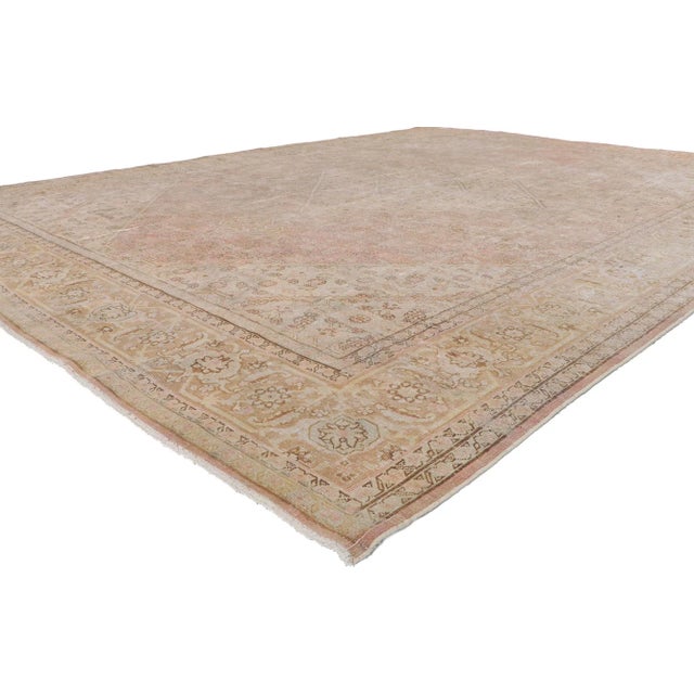 61103 Antique Persian Tabriz rug, 08'10 x 09'10. Distressed. Desirable age wear. Antique wash. Abrash.