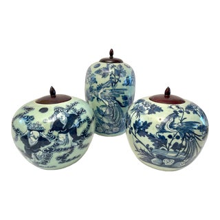 Set of Three Antique Qing Dynasty Celadon Jars With Wooden Lids; C. 19th Century For Sale