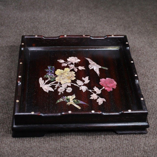 Late 19th Century Square Wooden Tray With Mother-of-Pearl Bird and Peony Inlay For Sale - Image 4 of 9