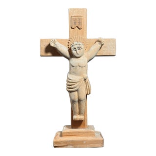 Vintage European Folk Art Modernist Hand Carved Crucifix Sculpture For Sale