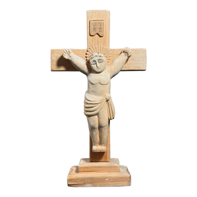 Vintage European Folk Art Modernist Hand Carved Crucifix Sculpture For Sale