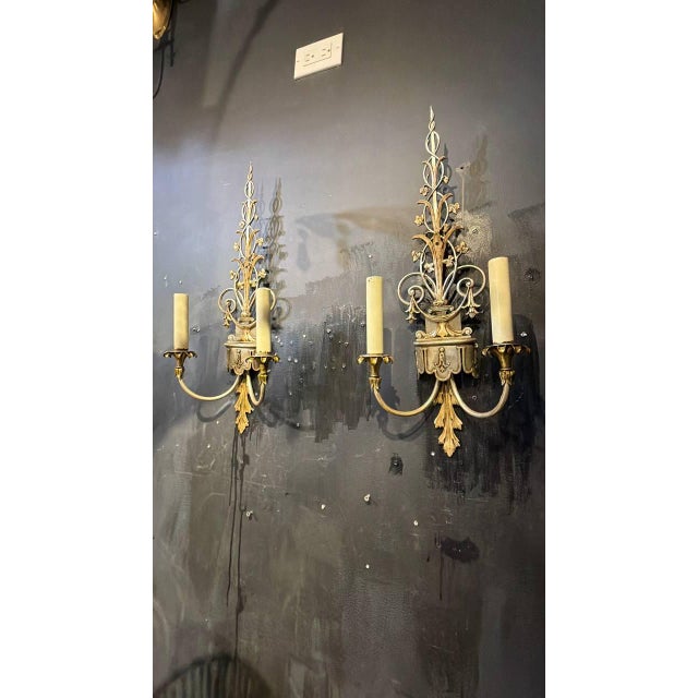Metal 1920 Caldwell Bronze and Silver Plated Sconces Leaf Design - a Pair For Sale - Image 7 of 7