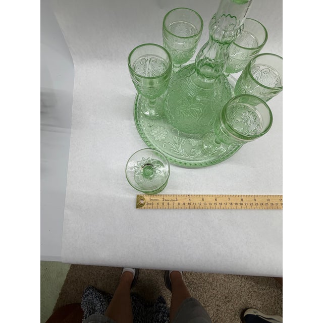 Glass Vintage Vaseline / Uranium Green Pressed Glass Decanter and Cordial Set With Tray - 8 pcs For Sale - Image 7 of 11