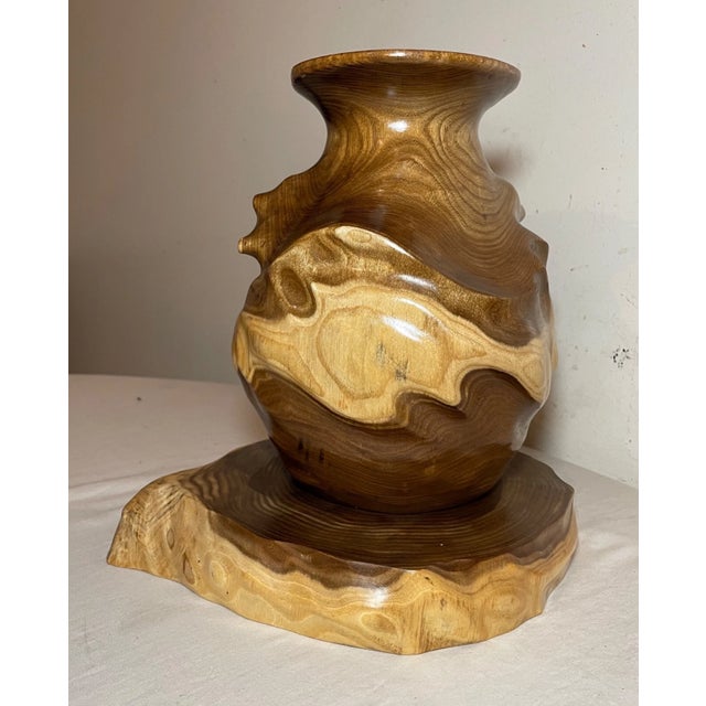 Modern Modern Handmade Turned High Gloss Wood Vase Sculpture With Matching Base For Sale - Image 3 of 12