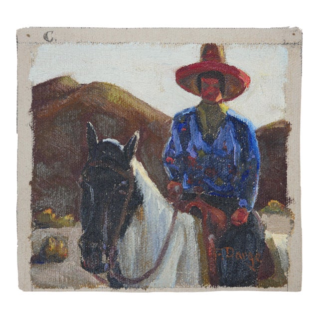 Fred Darge Blue, Red, and Brown Abstract Impressionist Painting of a Cowboy on a Horse, Mid-20th Century For Sale