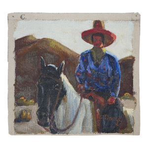 Fred Darge Blue, Red, and Brown Abstract Impressionist Painting of a Cowboy on a Horse, Mid-20th Century