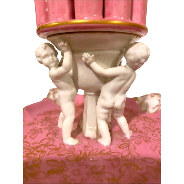 Pink Antique Carl Thieme Dresden Pink Porcelain Cherub Cigarette Holder / Flower Frog Vase For Sale - Image 8 of 14