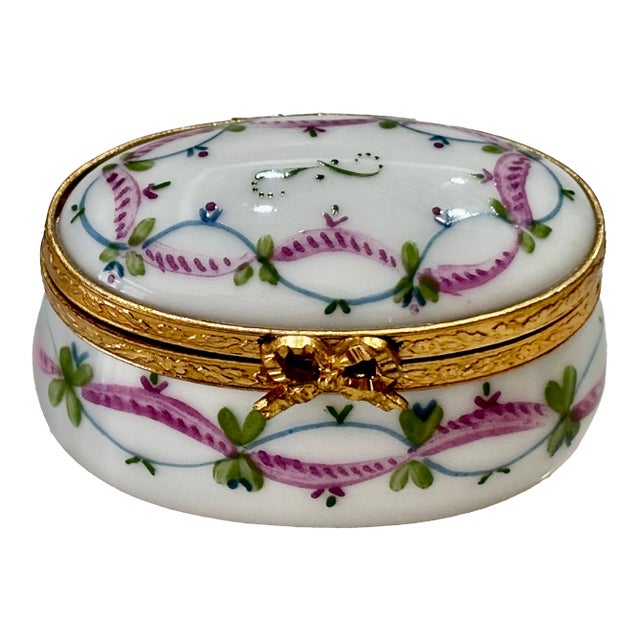 Vintage Limoges- Pink and Green Porcelain Trinket Box With Brass Bow Closure and Accents-Hand Painted For Sale