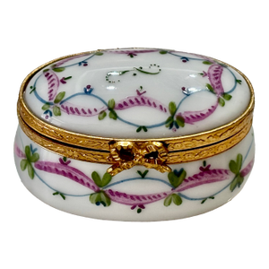 Vintage Limoges- Pink and Green Porcelain Trinket Box With Brass Bow Closure and Accents-Hand Painted