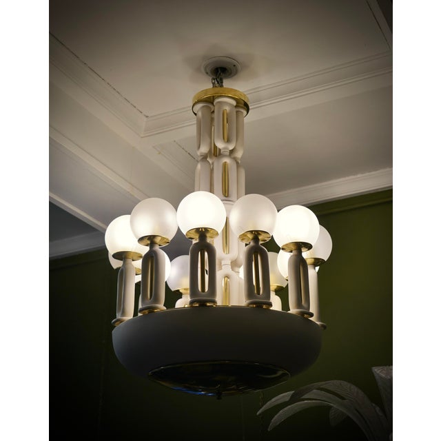 Metal Murano Art Glass Brass and Ceramic Chandelier, 1950 For Sale - Image 7 of 11
