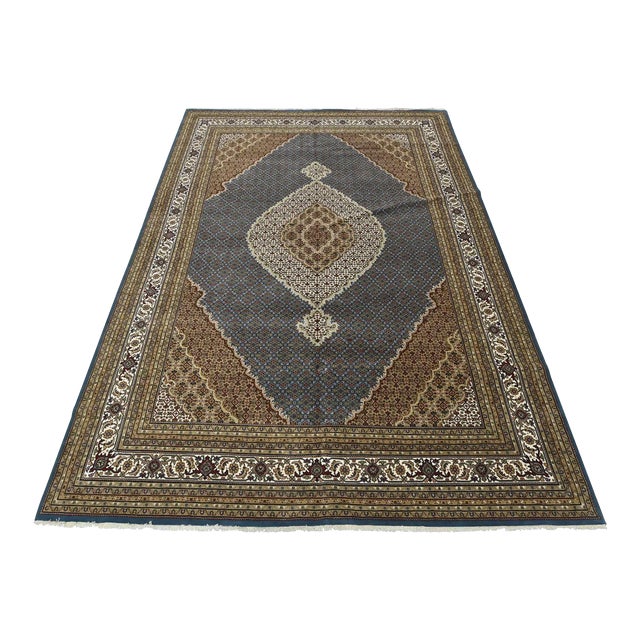 Tabriz Mahi Rug 10'1'' X 14'5'' Blue Wool Traditional Hand-Knotted Carpet For Sale