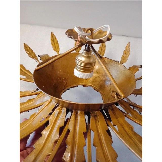 Metal Large Spanish Sunburst Flush Mount in Gilt Metal with Support, 1950 For Sale - Image 7 of 10