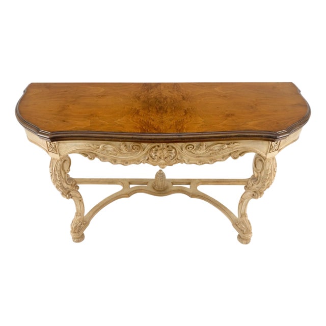 Carved Base Two Tone Burl Walnut Convertible Console Sofa Dining Table For Sale