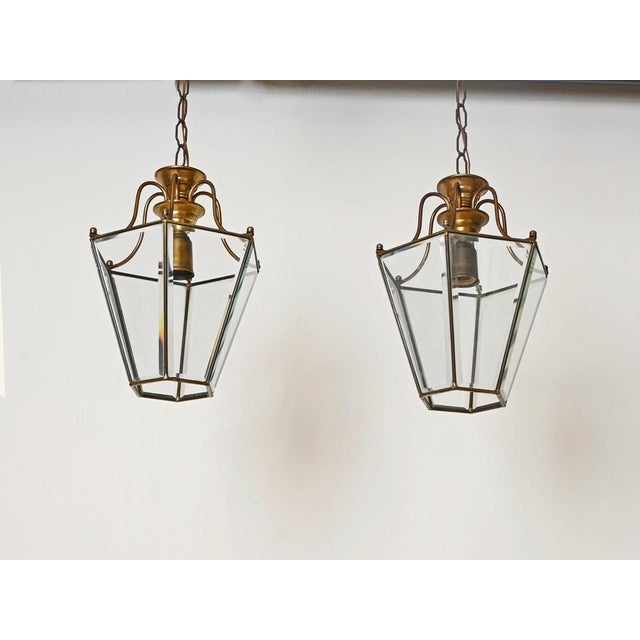 Hexagonal Brass and Glass Chandeliers after Adolf Loos, Italy, 1950s, Set of 2 For Sale - Image 11 of 12