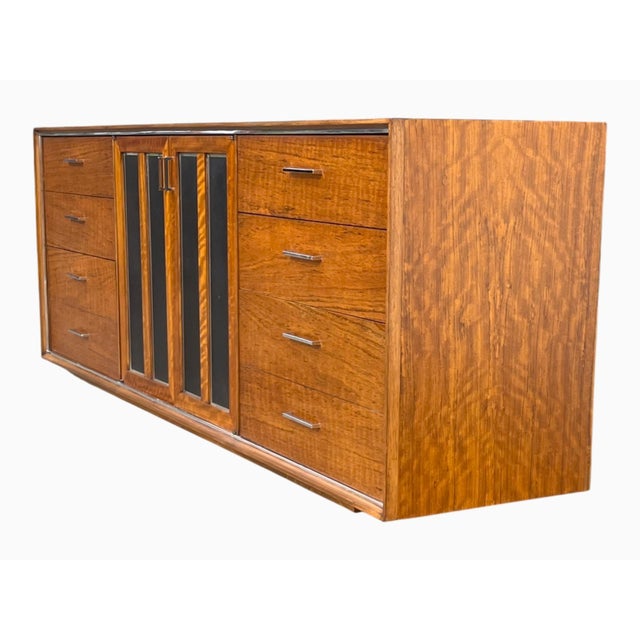 Brown Mid-Century Modern Walnut Credenza With Black Panel Doors Floating Base For Sale - Image 8 of 16