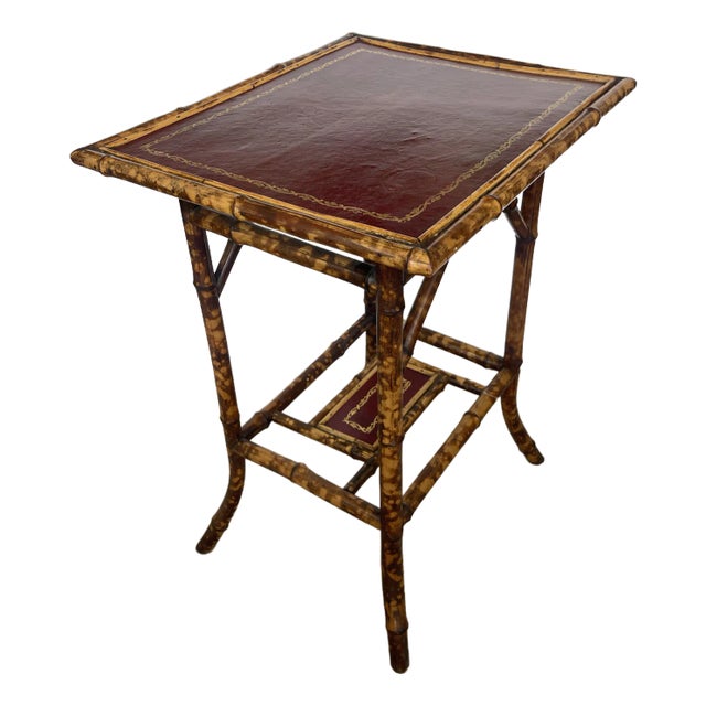 19Th. C. Tortoiseshell Bamboo Table With Red Tooled Leather Top For Sale