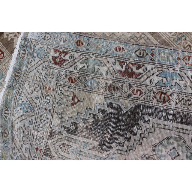 Long Persian Heriz Runner With Central Medallions in Brown, Blue, Tan & Red For Sale - Image 12 of 12