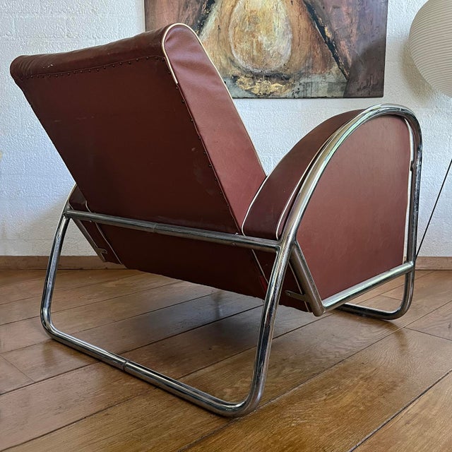 Industrial Tubular Armchair in Brown Leather, 1920s For Sale - Image 3 of 14