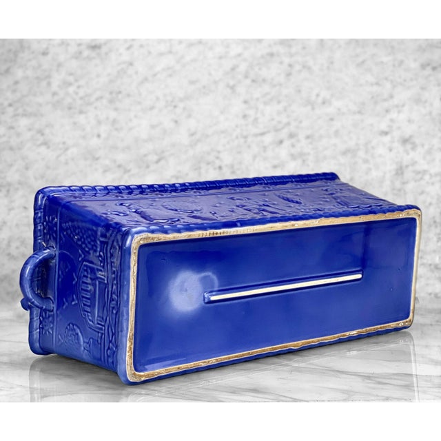Vintage Farmhouse Country Cobalt Blue Porcelain Amish Motif Window Box Planter For Sale - Image 9 of 11
