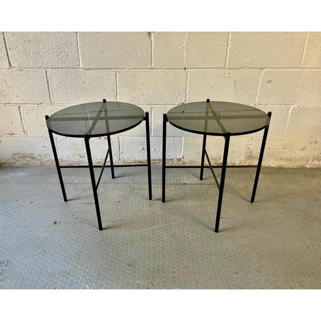 Round Smoked Black Glass Accent Tables, Modern Metal End Tables, Mid Century Modern Nightstands, Sleek Modern Chic Decor For Sale In New York - Image 6 of 9
