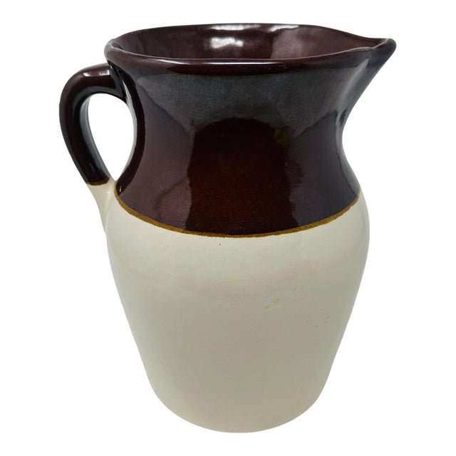Vintage 10" Two-Tone Stoneware Pitcher - Brown & Cream Roseville RRP Co. - Mid-Century Farmhouse Decor For Sale