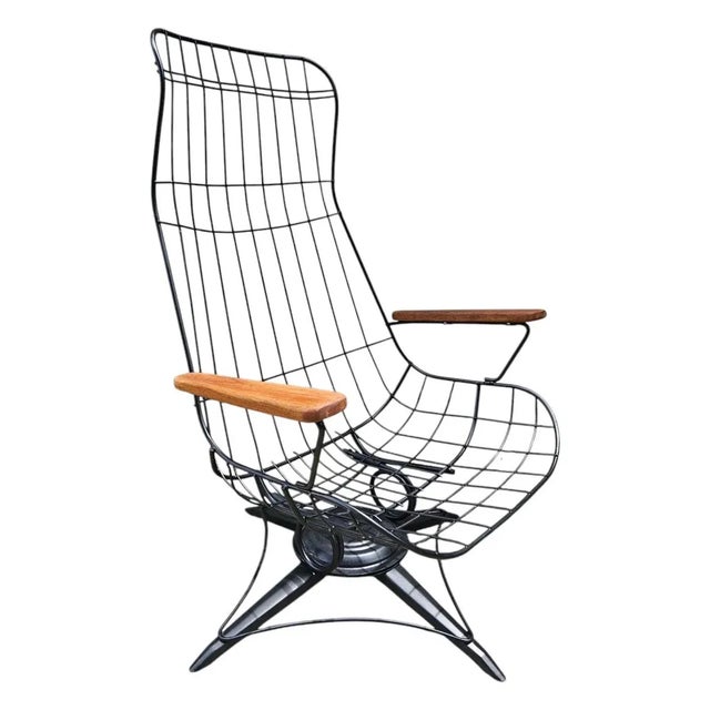 Mid-Century Modern Vintage Homecrest High-Back Wire Lounge Mid-Century Modern Chair With Custom Teak Armrests – Rare Vintage For Sale - Image 3 of 12