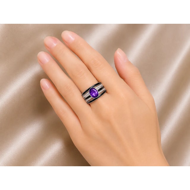 Late 20th Century 14K White Gold Diamond Amethyst Onyx Band Ring, Size 7.25 For Sale - Image 4 of 4
