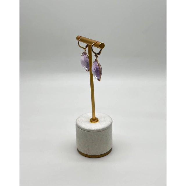 Violet Pink Amethyst Diamonds Halo Set 14k Yellow Gold Drop Unique Earrings, A Pair For Sale - Image 11 of 13