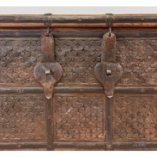 Vintage Carved Wood Indian Dowry Wedding Trunk For Sale - Image 9 of 12