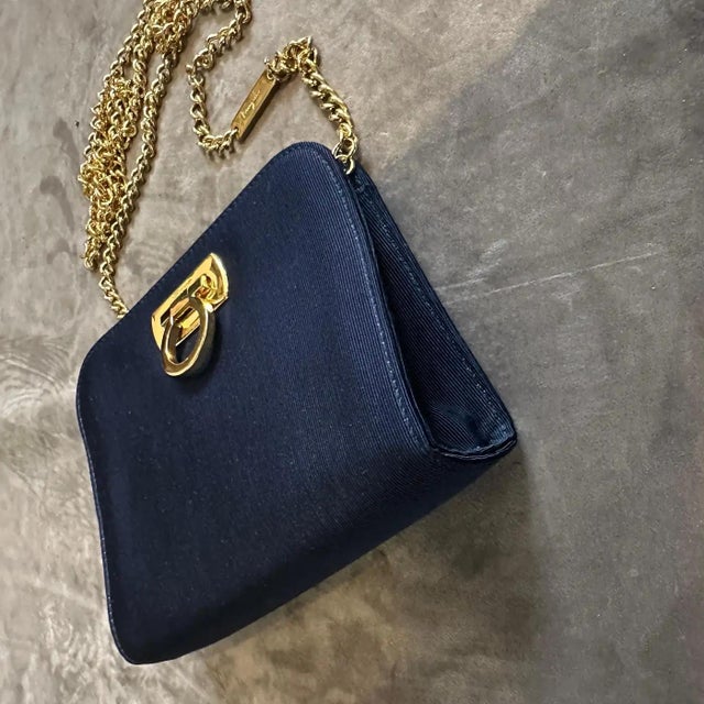 1990s 1990s Elegant Blue Fabric and Brass Belt Hand Bag by Salvatore Ferragamo For Sale - Image 5 of 11