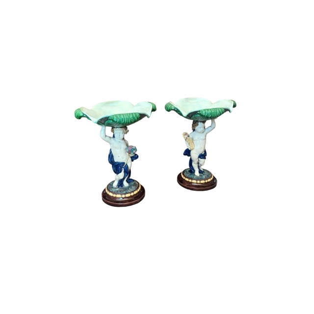 Boho Chic Vintage Pair of Majolica Pottery Cherub Compotes Signed Ts For Sale - Image 3 of 6