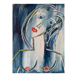 "She's Blue" Contemporary Abstract Portrait Mixed-Media Painting by Monica Shulman For Sale