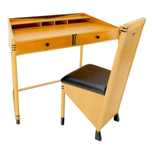 Birds Eye Maple Italian Art Deco Style Low Profile Desk w/ Leather Chair - A Pair