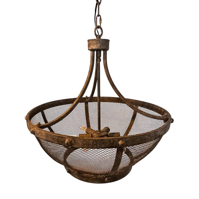 Metal Aged Vintage Iron Mesh Bowl Chandelier For Sale - Image 7 of 9