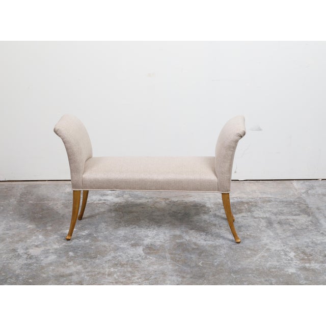 Gold French Mid 20th Century Giltwood Bench with Saber Legs and New Upholstery For Sale - Image 8 of 9