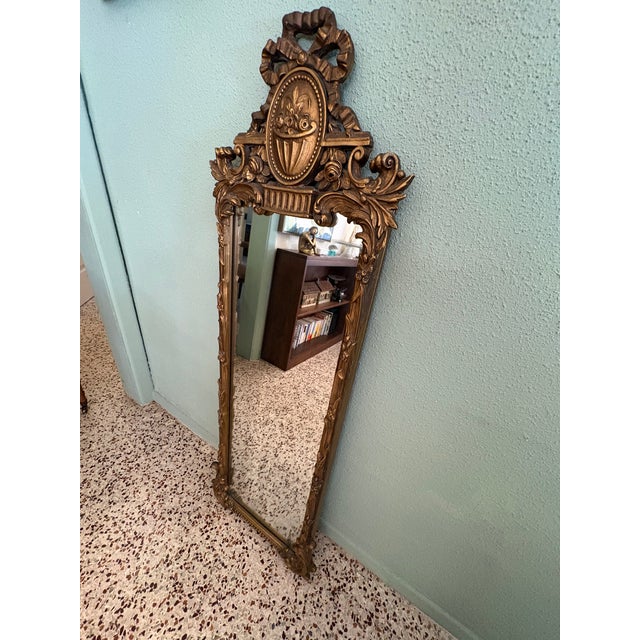 French Country Vintage French Louis XVI Style Giltwood Trumeau Mirror With Ribbon Crown & Floral Basket For Sale - Image 3 of 6
