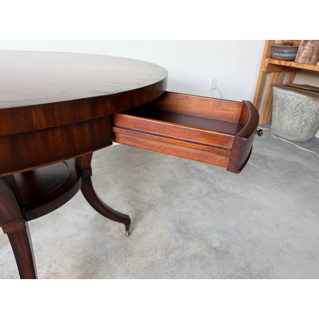 Vintage Thomasville Ernest Hemingway Collection Inlaid Pinwheel Round Center Table With Drawers For Sale - Image 10 of 12