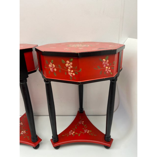 Wood Red Floral Hexagon Wood Tables - Set of 2 For Sale - Image 7 of 12