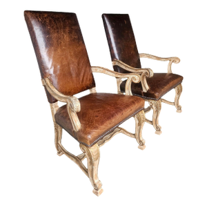 Late 20th Century Pair of Leather High Back Baroque Throne Chairs