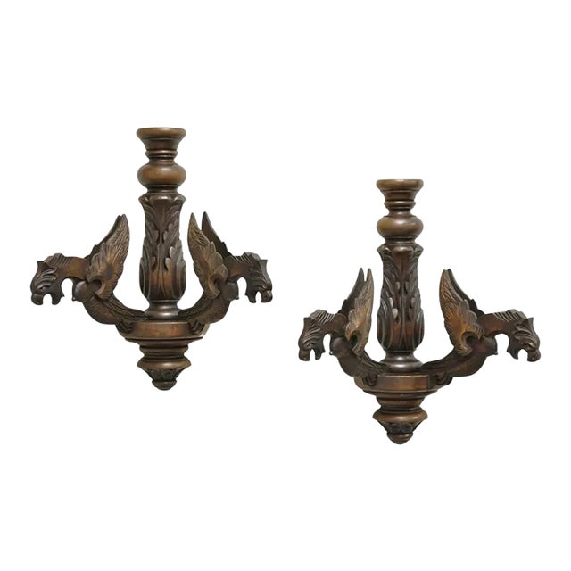 Vintage Italian Renaissance Carved Walnut Winged Griffin Wall Sconces - a Pair For Sale
