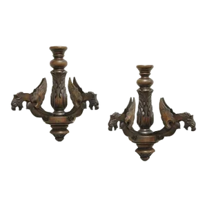Vintage Italian Renaissance Carved Walnut Winged Griffin Wall Sconces - a Pair