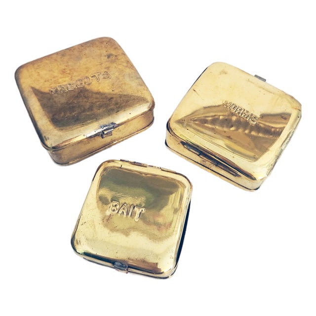 Vintage Brass Fishing Bait Boxes, Nesting Angler Tins, Rustic Collectibles For Sale